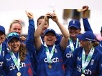 England's Heather Knight and teammates celebrate after series win over Australia