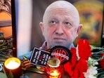 A view shows a portrait of Wagner mercenary chief Yevgeny Prigozhin at a makeshift memorial in Moscow, Russia.