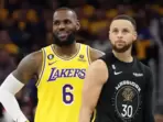 LeBron James (L) and Stephen Curry at the NBA