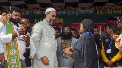 AIMIM chief Asaduddin Owaisi during a public meeting as part of election campaign ahead of Dumri bypoll in Giridih district. (PTI) AIMIM chief Asaduddin Owaisi during a public meeting as part of election campaign ahead of Dumri bypoll in Giridih district. (PTI)