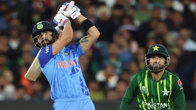 India's Virat Kohli watches as he hits a six during the T20 World Cup cricket match between India and Pakistan in Melbourne. (AP) India's Virat Kohli watches as he hits a six during the T20 World Cup cricket match between India and Pakistan in Melbourne. (AP)