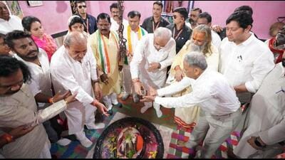 Bhupesh Baghel (middle) said that Lord Ram was ‘Bhancha Ram’ (nephew Lord Rama) for Chhattisgarh. (Image posted by Bhupesh Baghel on X (formerly Twitter)) Bhupesh Baghel (middle) said that Lord Ram was ‘Bhancha Ram’ (nephew Lord Rama) for Chhattisgarh. (Image posted by Bhupesh Baghel on X (formerly Twitter))