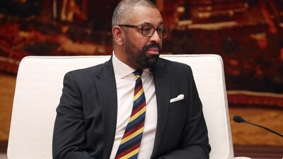 British Foreign Secretary James Cleverly meets with Chinese Vice President Han Zheng, not in photo, during a meeting at the Great Hall of the People in Beijing. (AP)