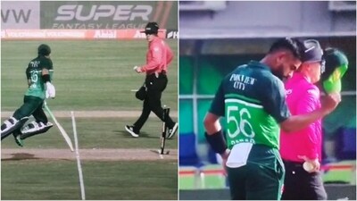 Mohammad Rizwan is run out during match against Nepal (L); Babar Azam reacts (Hotstar) Mohammad Rizwan is run out during match against Nepal (L); Babar Azam reacts (Hotstar)