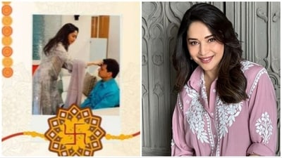 Madhuri Dixit Nene took to her Instagram handle to share a poster of herself putting 'tilak' on her brother's forehead. (Instagram/@madhuridixitnene) Madhuri Dixit Nene took to her Instagram handle to share a poster of herself putting 'tilak' on her brother's forehead. (Instagram/@madhuridixitnene)