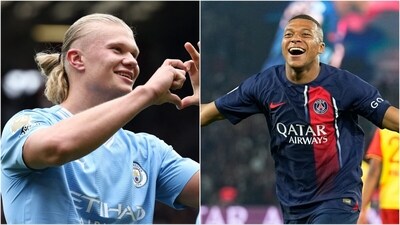 Erling Haaland (L) after scoring a goal for Manchester City during a 2023-24 Premier League game; Kylian Mbappe celebrates for PSG (AFP/AP)