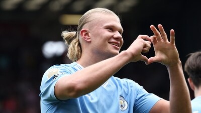 Erling Haaland celebrates scoring the opening goal during the English Premier League football match between Sheffield United and Manchester City (AFP) Erling Haaland celebrates scoring the opening goal during the English Premier League football match between Sheffield United and Manchester City (AFP)