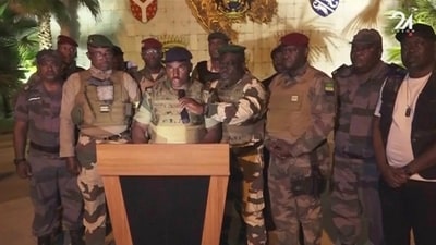 Mutinous soldiers in Gabon said Wednesday they were overturning the results of a presidential election that was to extend the Bongo family's 55-year hold on power. (GABON 24 via AP) Mutinous soldiers in Gabon said Wednesday they were overturning the results of a presidential election that was to extend the Bongo family's 55-year hold on power. (GABON 24 via AP)