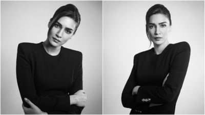 Kriti Sanon took to Instagram to share black and white pictures of herself from the latest photoshoot. Celebrity stylist Sukriti Grover styled Kriti in the ensemble. She wore a black mini dress from the shelves of the Italian luxury fashion house Versace. The LBD (Little black dress) is from the label's Fall Winter 2023 collection. (Instagram) Kriti Sanon took to Instagram to share black and white pictures of herself from the latest photoshoot. Celebrity stylist Sukriti Grover styled Kriti in the ensemble. She wore a black mini dress from the shelves of the Italian luxury fashion house Versace. The LBD (Little black dress) is from the label's Fall Winter 2023 collection. (Instagram)