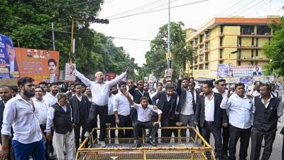 Lawyers staging a protest in Lucknow on Wednesday over the Hapur incident. (PTI PHOTO) Lawyers staging a protest in Lucknow on Wednesday over the Hapur incident. (PTI PHOTO)