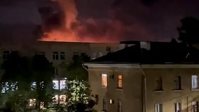 In this grab taken from a handout video posted on the Telegram account of Mikhail Vedernikov, the governor of Russia's Pskov region, on August 30, 2023, an explosion lights up the sky as the Russian military repell a drone attack on an airport in the northwestern city of Pskov. (AFP) In this grab taken from a handout video posted on the Telegram account of Mikhail Vedernikov, the governor of Russia's Pskov region, on August 30, 2023, an explosion lights up the sky as the Russian military repell a drone attack on an airport in the northwestern city of Pskov. (AFP)