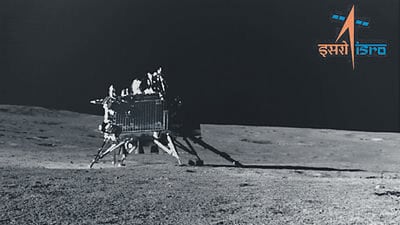 The first photo of the Vikram lander on the surface of the Moon, clicked by the Pragyan rover. (Isro/ Twitter) The first photo of the Vikram lander on the surface of the Moon, clicked by the Pragyan rover. (Isro/ Twitter)