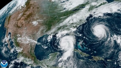 This Tuesday, Aug. 29, 2023, 1:31 p.m. EDT satellite image provided by the National Oceanic and Atmospheric Administration shows Hurricane Idalia, center, approaching Florida's Gulf Coast, and Hurricane Franklin, right, as it moves along the East coast of the United States, southwest of Bermuda. Feeding on some of the hottest water on the planet, Hurricane Idalia is expected to rapidly strengthen as it bears down on Florida and the rest of the Gulf Coast, scientists said. (AP) This Tuesday, Aug. 29, 2023, 1:31 p.m. EDT satellite image provided by the National Oceanic and Atmospheric Administration shows Hurricane Idalia, center, approaching Florida's Gulf Coast, and Hurricane Franklin, right, as it moves along the East coast of the United States, southwest of Bermuda. Feeding on some of the hottest water on the planet, Hurricane Idalia is expected to rapidly strengthen as it bears down on Florida and the rest of the Gulf Coast, scientists said. (AP)