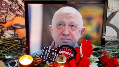 A view shows a portrait of Wagner mercenary chief Yevgeny Prigozhin at a makeshift memorial in Moscow, Russia August 24, 2023. (REUTERS)