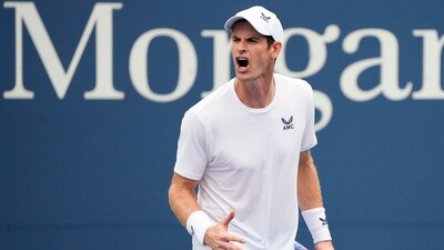 Andy Murray reacts to his coaches' box during a match against Corentin, Moutet, of France, during the first round of the U.S. Open (AP)