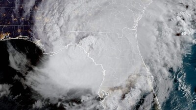 This image obtained from the National Oceanic and Atmospheric Administration (NOAA), shows Hurricane Idalia making landfall in Florida on August 30, 2023, at 12h01UTC. Idalia barreled into the northwest Florida coast as a powerful Category 3 hurricane on Wednesday morning, the US National Hurricane Center said. "Extremely dangerous Category 3 Hurricane #Idalia makes landfall in the Florida Big Bend," it posted on X, formerly known as Twitter, adding that Idalia was causing "catastrophic storm surge and damaging winds. (AFP)