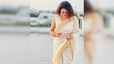 For this occasion, Keerthy Suresh embraced the traditional Kasavu Saree, a popular white cotton saree of Kerala with a golden border. (Instagram/@keerthysureshofficial) For this occasion, Keerthy Suresh embraced the traditional Kasavu Saree, a popular white cotton saree of Kerala with a golden border. (Instagram/@keerthysureshofficial)