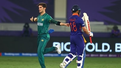 Shaheen Afridi celebrates the wicket of Virat Kohli at the 2021 T20 World Cup. (Getty) Shaheen Afridi celebrates the wicket of Virat Kohli at the 2021 T20 World Cup. (Getty)