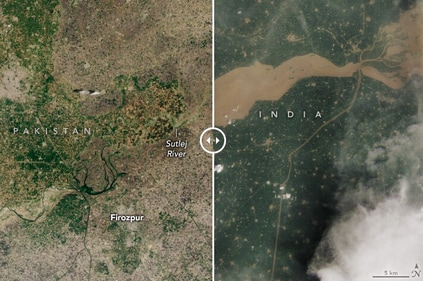 Before and after view of Sutlej River flooding. (Nasa) Before and after view of Sutlej River flooding. (Nasa)