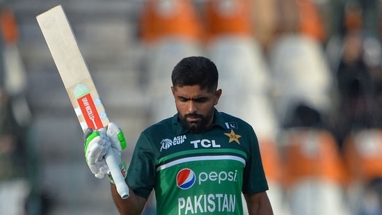 Pakistan's captain Babar Azam celebrates after scoring a century (AFP)