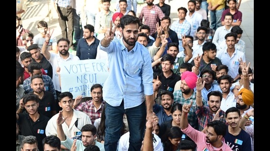 NSUI presidential candidate Jatin Singh with supporters at Panjab university, Chandigarh. (Ravi Kumar/HT)