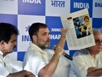 Congress leader Rahul Gandhi addresses a press conference with party General Secretary in-charge (Organisation) KC Venugopal and party leader Jairam Ramesh, in Mumbai on Thursday.