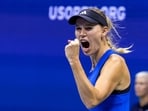 Caroline Wozniacki reacts after a point won against Czech Republic's Petra Kvitova during the US Open