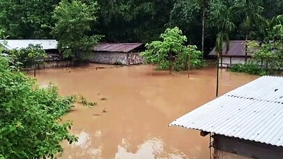 A locality is heavily waterlogged due to a rise in the water level of the Brahmaputra river that led to a flood-like situation in several parts of Assam amid incessant rains. (ANI Photo) A locality is heavily waterlogged due to a rise in the water level of the Brahmaputra river that led to a flood-like situation in several parts of Assam amid incessant rains. (ANI Photo)