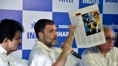 Congress leader Rahul Gandhi addresses a press conference with party General Secretary in-charge (Organisation) KC Venugopal and party leader Jairam Ramesh, in Mumbai on Thursday. (Sandeep Mahankal)