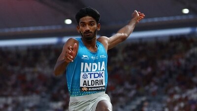 India's Jeswin Aldrin in action during the final (REUTERS)