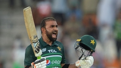 Iftikhar Ahmed reached his century after Babar got there. It was his first in international cricket.&nbsp; (AFP)