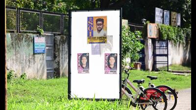 Despite ban, stickers with pictures of party presidents and other office-bearers are seen at Panjab University. (Ravi Kumar/HT) Despite ban, stickers with pictures of party presidents and other office-bearers are seen at Panjab University. (Ravi Kumar/HT)