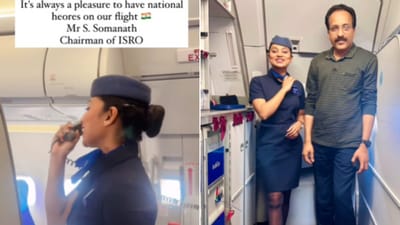 The image shows ISRO chairman S Somanath with an Indigo crew member. (Instagram/@freebird_pooja) The image shows ISRO chairman S Somanath with an Indigo crew member. (Instagram/@freebird_pooja)