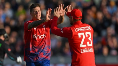 Brydon Carse celebrates with Liam Livingstone (ICC) Brydon Carse celebrates with Liam Livingstone (ICC)