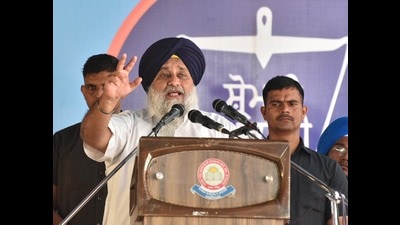 Shiromani Akali Dal president Sukhbir Singh Badal during a rally at Baba Bakala on Thursday. (Sameer Sehgal /HT)