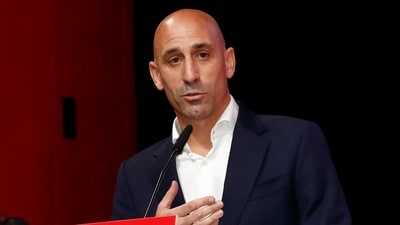 The president of the Spanish football federation Luis Rubiales speaks during an emergency general assembly meeting in Las Rozas (AP)
