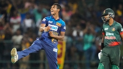 Sri Lanka's Matheesha Pathirana celebrates taking the wicket of Bangladesh's Taskin Ahmed during Asia Cup 2023 (AP) Sri Lanka's Matheesha Pathirana celebrates taking the wicket of Bangladesh's Taskin Ahmed during Asia Cup 2023 (AP)