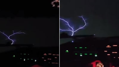 The image shows St. Elmo's fire captured by a pilot from an aircraft's cockpit. (X/@MacDill_AFB) The image shows St. Elmo's fire captured by a pilot from an aircraft's cockpit. (X/@MacDill_AFB)