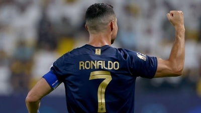 TOPSHOT - Nassr's Portuguese forward #07 Cristiano Ronaldo celebrates his goal during the Saudi Pro League football match between Al-Nassr and Al-Shabab in Riyadh's Al-Awal Park Stadium on August 29, 2023. (Photo by Fayez Nureldine / AFP) (AFP) TOPSHOT - Nassr's Portuguese forward #07 Cristiano Ronaldo celebrates his goal during the Saudi Pro League football match between Al-Nassr and Al-Shabab in Riyadh's Al-Awal Park Stadium on August 29, 2023. (Photo by Fayez Nureldine / AFP) (AFP)