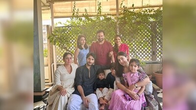 Kareena Kapoor Khan looked regal in a beige kurta set featuring golden borders and flared sleeves. (Instagram/@saraalikhan95) Kareena Kapoor Khan looked regal in a beige kurta set featuring golden borders and flared sleeves. (Instagram/@saraalikhan95)