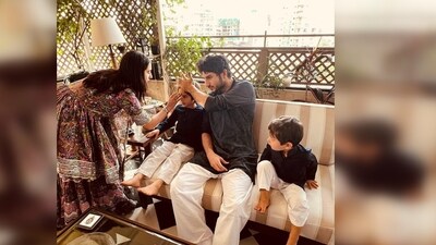 The three brothers - Ibrahim Ali Khan, Taimur Ali Khan and Jeh Ali Khan matched their outfits and wore dark blue kurta paired with white pyjamas. (Instagram/@saraalikhan95) The three brothers - Ibrahim Ali Khan, Taimur Ali Khan and Jeh Ali Khan matched their outfits and wore dark blue kurta paired with white pyjamas. (Instagram/@saraalikhan95)