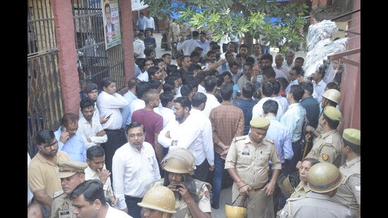 On Wednesday afternoon, advocate Manoj Chaudhary, who practised at the Ghaziabad Tehsil, was gunned down by two assailants in his chambers while he was having lunch. (Sakib Ali/HT Photo)