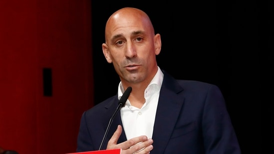 The president of the Spanish soccer federation Luis Rubiales speaks during an emergency general assembly meeting in Las Rozas. (AP)