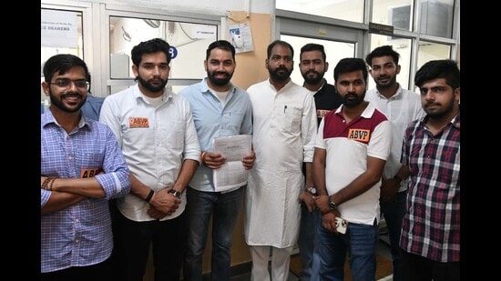 The ABVP presidential candidate after filing his nomination for PU polls on Thursday. (Ravi Kumar/HT)