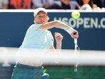  Jannik Sinner of Italy hits to Lorenzo Sonego of Italy on day four of the 2023 U.S. Open