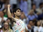 Spain's Carlos Alcaraz celebrates winning his second-round match against South Africa's Lloyd Harris