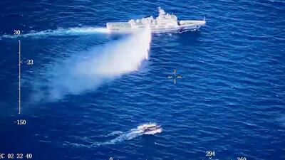 A Chinese Coast Guard ship launches what the Coast Guard says is a warning water cannon spray in the direction of a Philippine vessel at an unknown location at sea in this screen grab taken from a video released on August 8. (via REUTERS) A Chinese Coast Guard ship launches what the Coast Guard says is a warning water cannon spray in the direction of a Philippine vessel at an unknown location at sea in this screen grab taken from a video released on August 8. (via REUTERS)