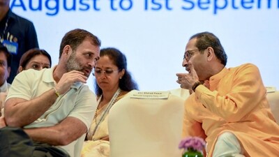 Rahul Gandhi in conversation with Uddhav Thackeray during INDIA alliance meet on Friday. Rahul Gandhi in conversation with Uddhav Thackeray during INDIA alliance meet on Friday.