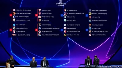 The group formations are shown on a screen during the 2023/24 UEFA Champions League group stage draw. (AP) The group formations are shown on a screen during the 2023/24 UEFA Champions League group stage draw. (AP)