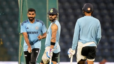 India's Jasprit Bumrah , left, Virat Kohli, second left, and Shubman Gill attend a practice session. (AP) India's Jasprit Bumrah , left, Virat Kohli, second left, and Shubman Gill attend a practice session. (AP)